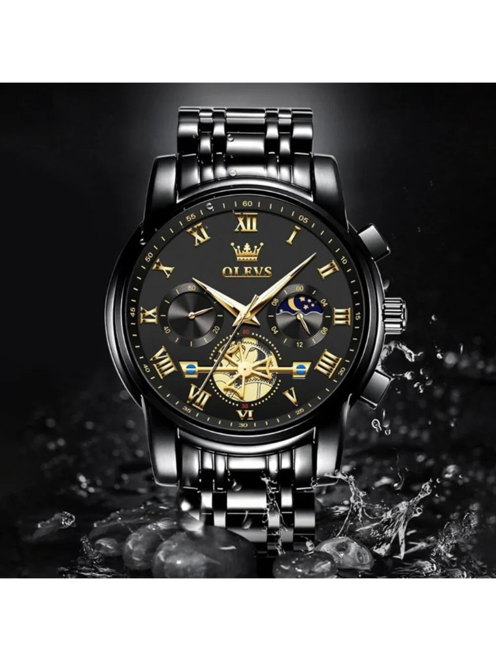 Men's Black Band and Black Face Stainless Steel Waterproof Big Face Wrist Watch